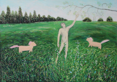 Painting titled "Adapa and Unicorns" by Alexey Beregovoy, Original Artwork, Oil Mounted on Wood Stretcher frame