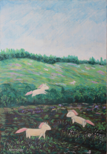 Painting titled "Unicorns of Perm La…" by Alexey Beregovoy, Original Artwork, Oil Mounted on Wood Stretcher frame