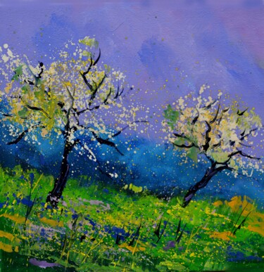 제목이 "Two trees in spring"인 미술작품 Pol Ledent로, 원작, 기름 나무 들것 프레임에 장착됨