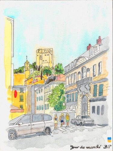 Marché de Crest Peinture intitulée "Marché de Crest" par Bernard Pothier, Œuvre d'art originale, Aquarelle