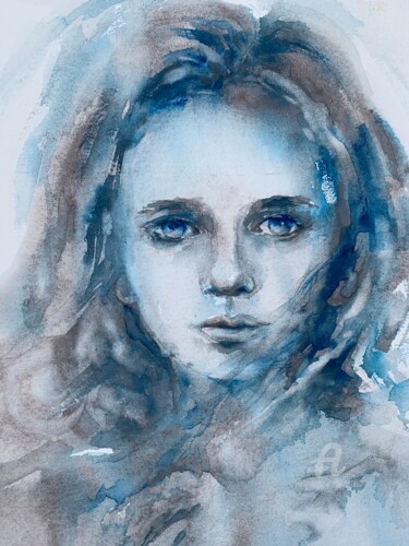 绘画 标题为“Portrait with blue…” 由Oxana Luky, 原创艺术品, 水彩