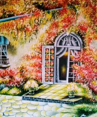 Painting titled "Home in flower" by Marija Mitrovic, Original Artwork, Oil