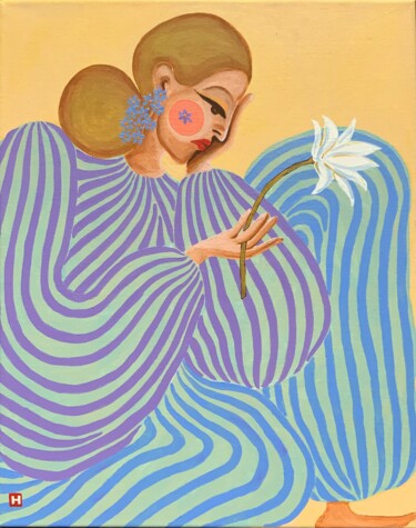 Painting titled "White Lotus" by Hiranya R, Original Artwork, Acrylic Mounted on Wood Stretcher frame