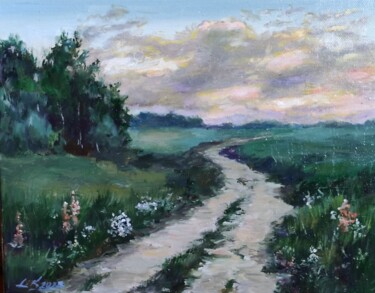 Painting titled "Летний вечер. Карти…" by Liliana Kovkhuto, Original Artwork, Oil Mounted on Cardboard