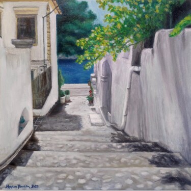 steps to the coastline Painting titled "steps to the coastl…" by Marina Petsali, Original Artwork, Oil Mounted on Wood Stretcher frame