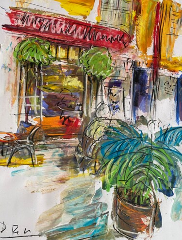 「Café avec palmier」というタイトルの絵画 Regine Blotによって, オリジナルのアートワーク, アクリル ウッドパネルにマウント