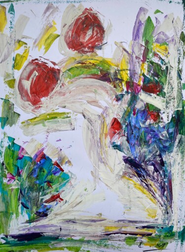 Painting titled "Avec fleurs rouges" by Regine Blot, Original Artwork, Acrylic Mounted on Wood Panel