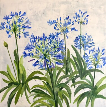 绘画 标题为“Agapanthes” 由Chantal Derrien, 原创艺术品, 丙烯 安装在木质担架架上