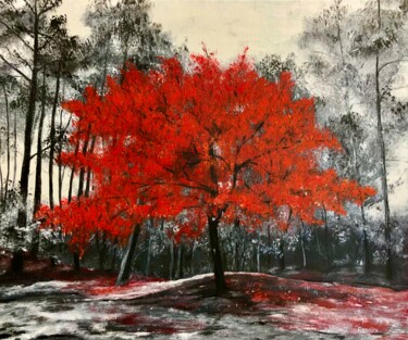 Peinture intitulée "L’arbre rouge" par Chantal Derrien, Œuvre d'art originale, Acrylique Monté sur Châssis en bois