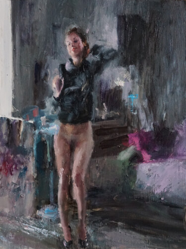 Painting titled "Nadia en blouson" by Manuel Leonardi, Original Artwork, Oil
