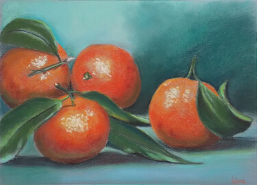 Ginger tangerines on a turquoise background Painting titled "Ginger tangerines o…" by Liubov Samoilova, Original Artwork, Pastel