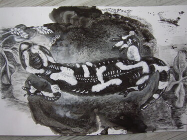 Dessin intitulée "La salamandre" par Isabelle Blanc, Œuvre d'art originale, Encre Monté sur Carton