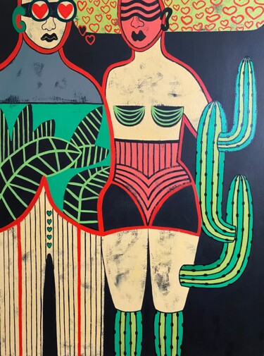Painting titled "Saguaro amor" by Diana Rosa, Original Artwork, Acrylic Mounted on Wood Stretcher frame