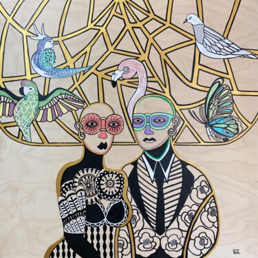 Painting titled "Empire of the birds" by Diana Rosa, Original Artwork, Acrylic Mounted on Wood Stretcher frame