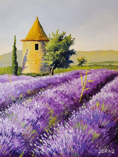 Painting titled "Lavandes et Abri Pr…" by Stephan Serais, Original Artwork, Oil Mounted on Wood Stretcher frame