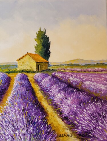 Painting titled "Lavandes et Abri Pr…" by Stephan Serais, Original Artwork, Oil Mounted on Wood Stretcher frame