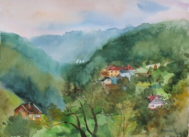 Panorama of the village Картина под названием "Panorama of the vil…" - Tetiana Hliadchenko, Подлинное произведение искусства, Акварель