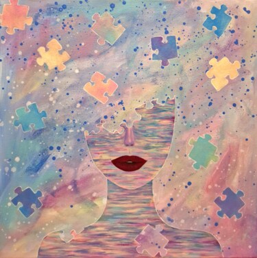 Puzzle. Girl face vibrant beautiful smart stylish pink viole 绘画 标题为“Puzzle. Girl face v…” 由Olya Enina, 原创艺术品, 油 安装在木质担架架上