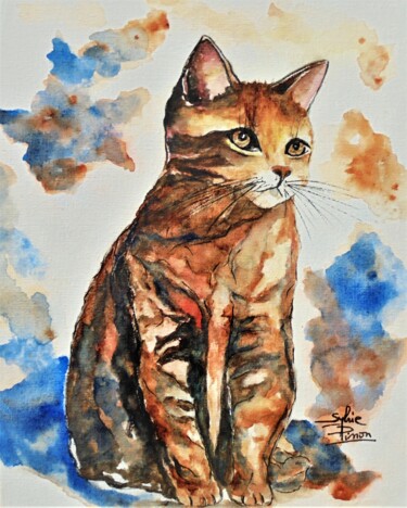 绘画 标题为“le chat couleur” 由Sylvie Pinon, 原创艺术品, 水彩 安装在纸板上
