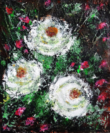제목이 "White Roses with Pi…"인 미술작품 Indrani Ghosh로, 원작, 아크릴 기타 단단한 패널에 장착됨