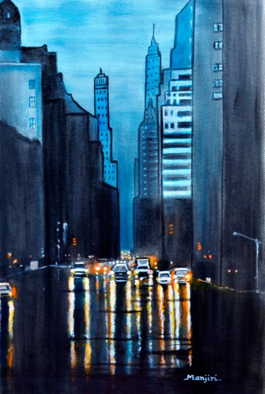 Rainy City Night cityscapes Malarstwo zatytułowany „Rainy City Night ci…” autorstwa Artbymanjiri, Oryginalna praca, Akryl