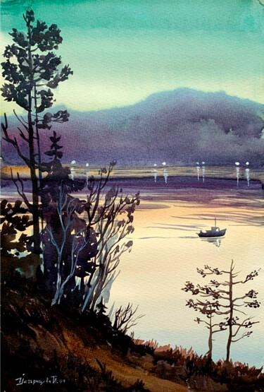 Evening landscape with a boat watercolour Pittura intitolato "Evening landscape w…" da Tatyana Ustyantseva, Opera d'arte originale, Acquarello