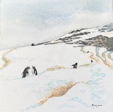 Peinture intitulée "(13)Manchots papous…" par Anne-Marie Mary, Œuvre d'art originale, Aquarelle Monté sur Autre panneau rigi…