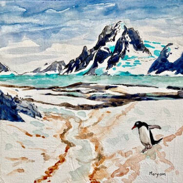 Peinture intitulée "(12) Manchot Adélie…" par Anne-Marie Mary, Œuvre d'art originale, Aquarelle Monté sur Autre panneau rigi…