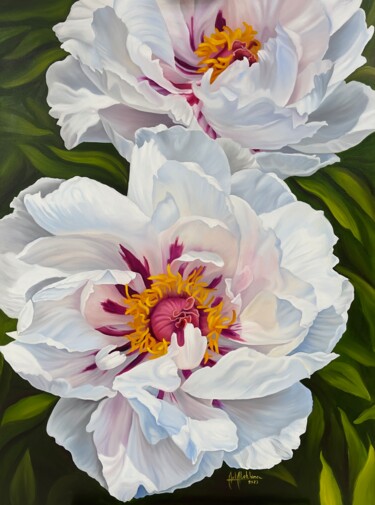 Painting titled "Peonies white" by Anastasiia Alokhina, Original Artwork, Oil Mounted on Wood Stretcher frame