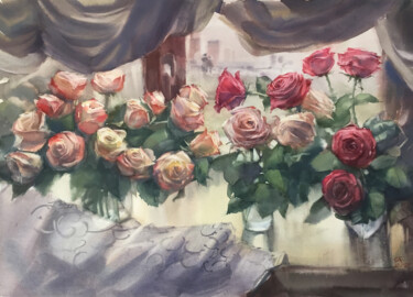 제목이 "Roses on the window"인 미술작품 Andrei Svistunov로, 원작, 수채화