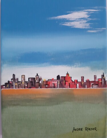 Schilderij getiteld "Ville campagnarde" door André Roeser, Origineel Kunstwerk, Acryl Gemonteerd op Frame voor houten branca…