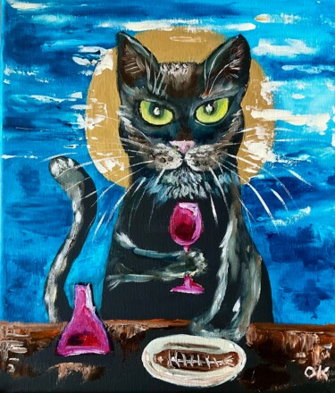 绘画 标题为“Evening cat. Wine t…” 由Olga Koval, 原创艺术品, 丙烯 安装在木质担架架上