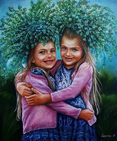 绘画 标题为“Sisters Zhuravleva…” 由Natalia Serova-Zhuravleva, 原创艺术品, 油 安装在木质担架架上
