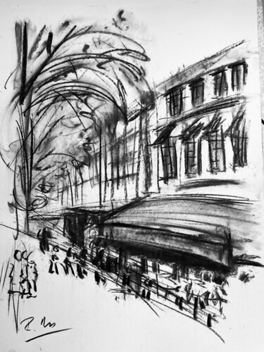 Drawing titled "Rue avec cafés" by Regine Blot, Original Artwork, Charcoal Mounted on Wood Panel
