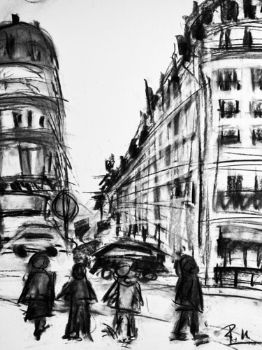 Gens à un carrefour dans la ville Drawing titled "Gens à un carrefour…" by Regine Blot, Original Artwork, Charcoal Mounted on Wood Panel