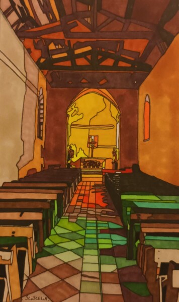 图画 标题为“Le calme d'une égli…” 由Cathy Scosceria, 原创艺术品, 标记