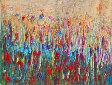 Abstrakcja zielony czerwony żółty impasto palette knife 103 Pintura intitulada "Abstrakcja zielony…" por Magdalena Walulik, Obras de arte originais, Óleo Montado em Armação em madeira