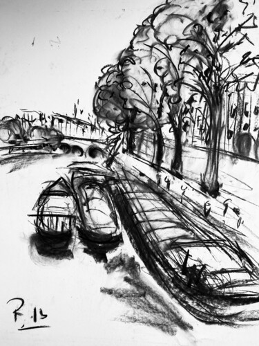 Drawing titled "Au bord de l'eau" by Regine Blot, Original Artwork, Charcoal Mounted on Wood Panel