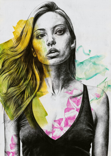 Pop Love Suicide | flower woman realistic portrait 「Pop Love Suicide |…」というタイトルの描画 Marco Paludetによって, オリジナルのアートワーク, グラファイト