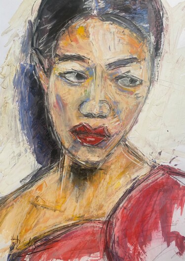 Painting titled "Femme en rouge" by Regine Blot, Original Artwork, Acrylic Mounted on Wood Panel