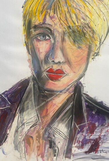 Painting titled "Femme en violet" by Regine Blot, Original Artwork, Pastel Mounted on Wood Panel