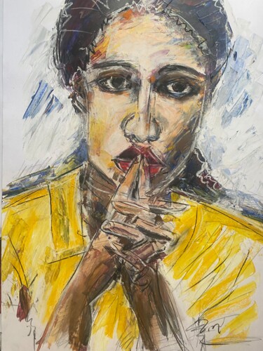 Painting titled "Femme en jaune" by Regine Blot, Original Artwork, Acrylic Mounted on Wood Panel