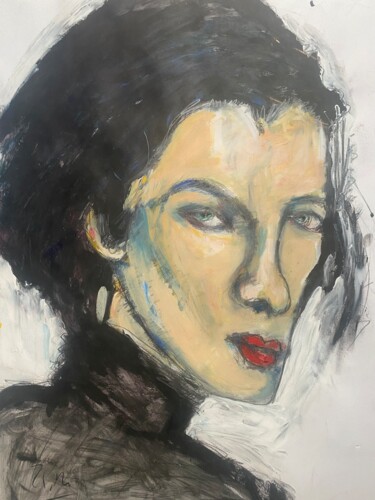 Painting titled "Femme en noir avec…" by Regine Blot, Original Artwork, Acrylic Mounted on Wood Panel