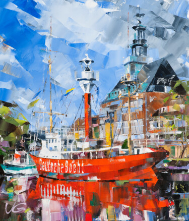 Original oil painting Lightship AMRUMBANK near Rathaus Emden Peinture intitulée "Original oil painti…" par Volodymyr Glukhomanyuk, Œuvre d'art originale, Huile Monté sur Châssis en bois