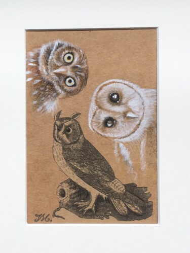 Painting titled "2 chouettes 1 hibou" by Isabelle Molinard, Original Artwork, Watercolor