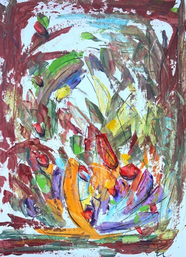Painting titled "Croissance en orang…" by Regine Blot, Original Artwork, Acrylic Mounted on Wood Panel