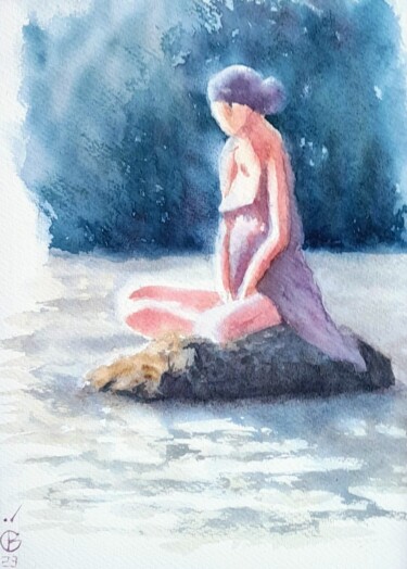 Pintura intitulada "Innana sur la rivère" por Cedric Brancourt, Obras de arte originais, Aquarela