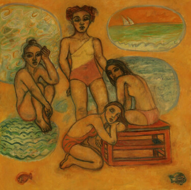 A la plage - Peinture à l'huile sur Toile Peinture intitulée "A la plage - Peintu…" par Robert Gibson, Œuvre d'art originale, Huile Monté sur Châssis en bois
