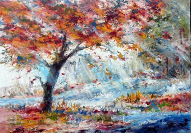 Painting titled "Forêt automne Arbre" by Sandrine Lefebvre, Original Artwork, Oil Mounted on Wood Stretcher frame