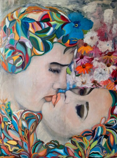 Painting titled "Quand tu m'aimais" by Sandra Land, Original Artwork, Oil Mounted on Wood Stretcher frame